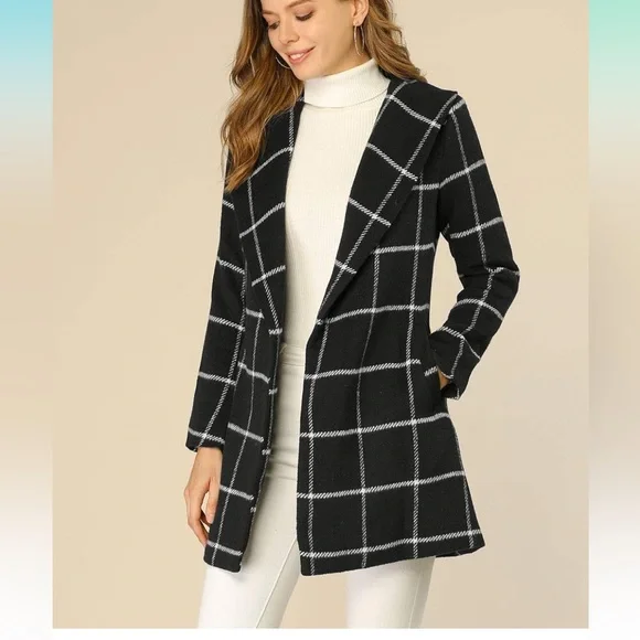 Women's Shawl Collar Check Belted Wrap Plaid Coat with Pockets - Picture 2 of 7